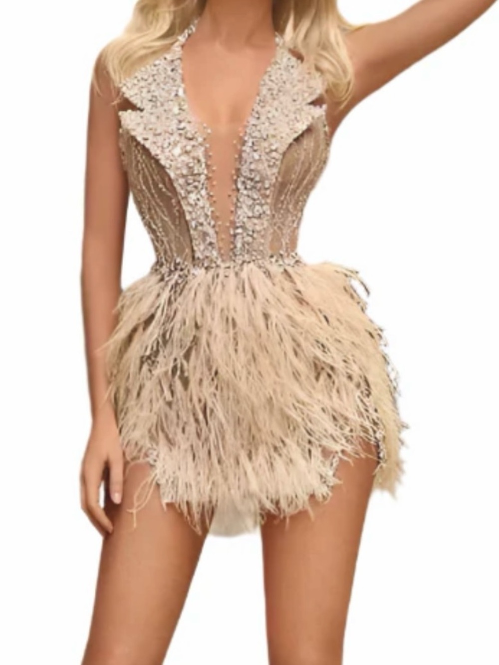 Beaded Feather Mini Dress in Champagne